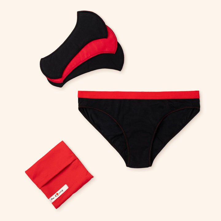 Culotte menstruelle Bikini avec sac de transport et trois serviettes lavables